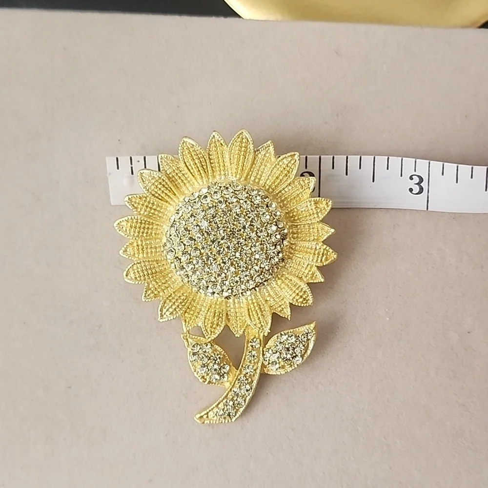 Gold Sunflower Brooch Pin with Clear CZ Stones